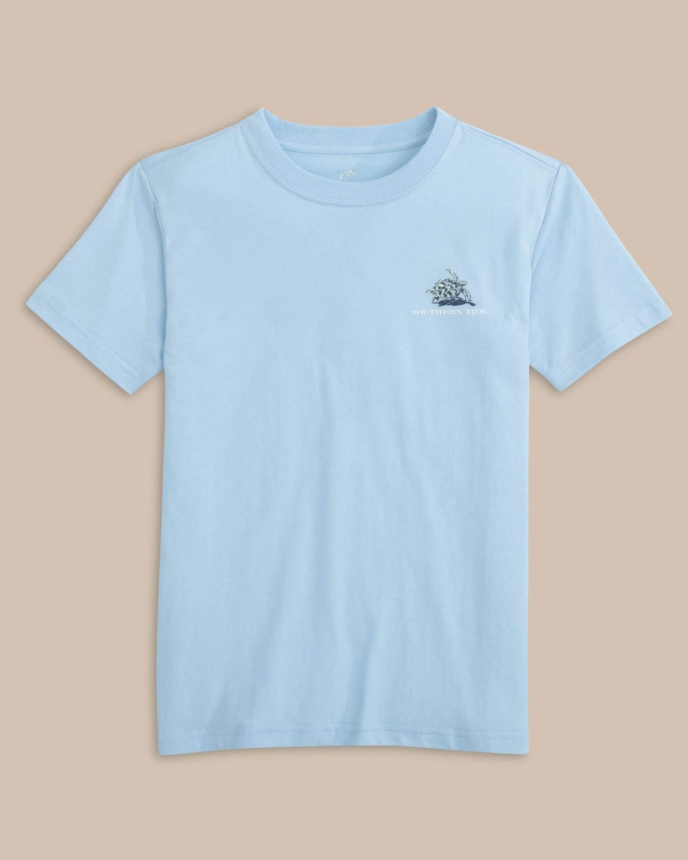The front view of the Southern Tide Youth Yachts of Turtles Short Sleeve T-shirt by Southern Tide - Clearwater Blue