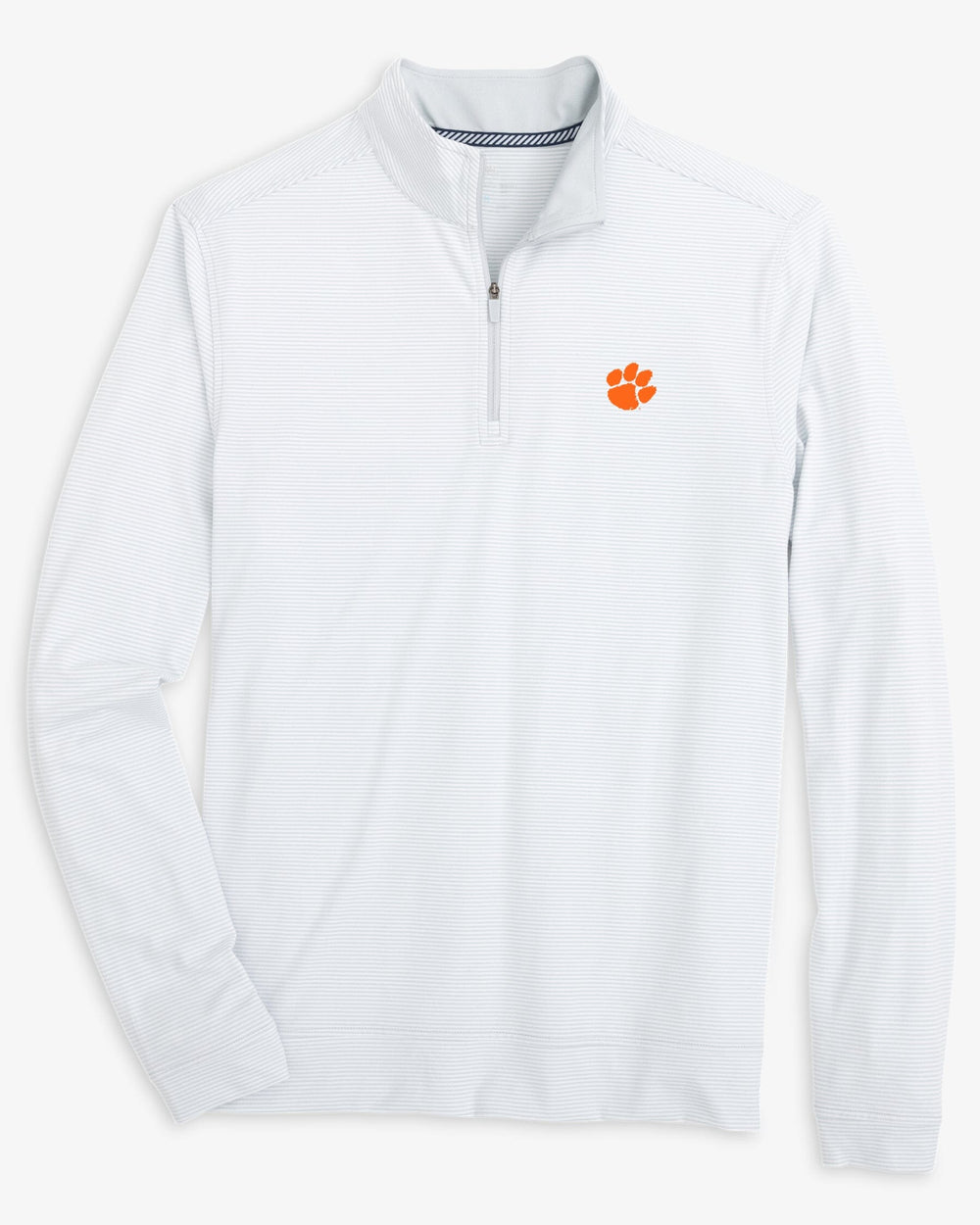 The front view of the Clemson Tigers Cruiser Micro-Stripe Heather Quarter Zip by Southern Tide - Heather Slate Grey