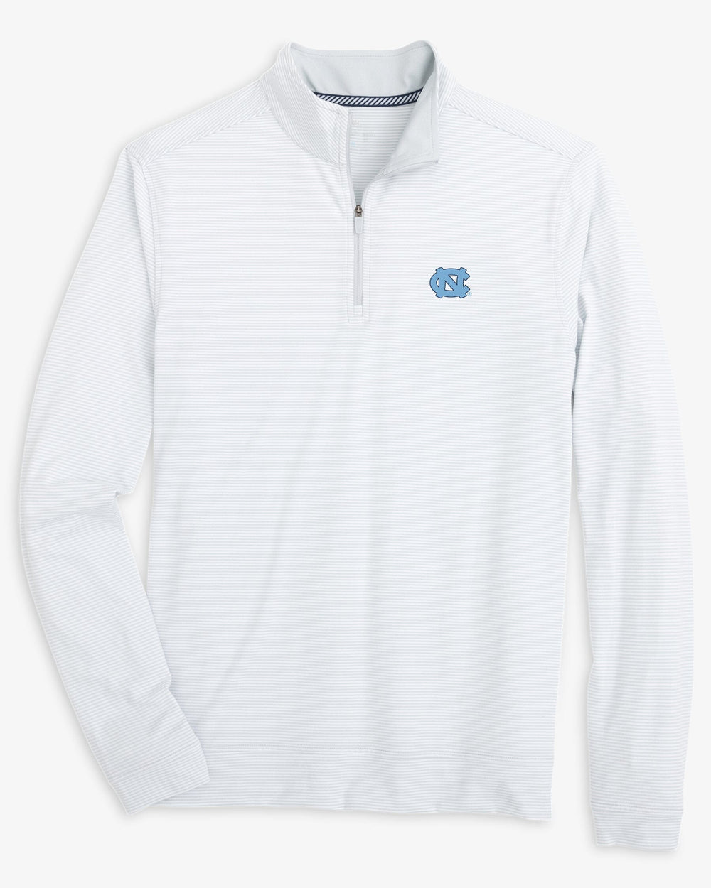 The front view of the UNC Tar Heels Cruiser Micro-Stripe Heather Quarter Zip by Southern Tide - Heather Slate Grey