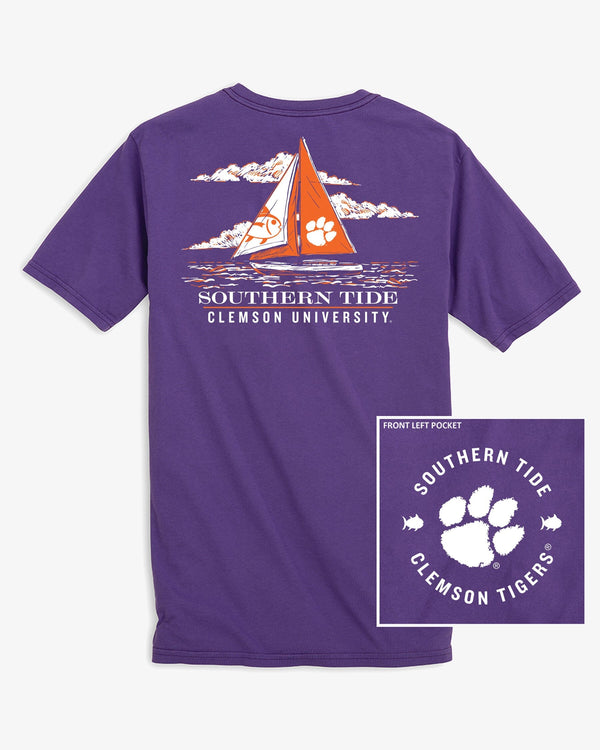 The front view of the Clemson Tigers Skipjack Sailing T-Shirt by Southern Tide - Regal Purple