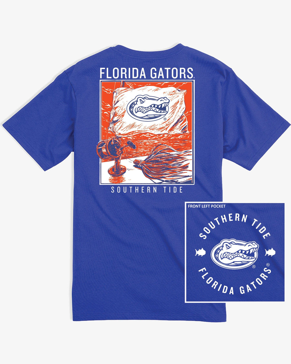 The front view of the Florida Gators Fishing Flag T-Shirt by Southern Tide - University Blue