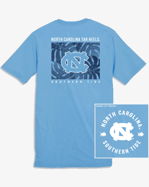 The front view of the UNC Tar Heels Halftone Monstera T-Shirt by Southern Tide - Rush Blue