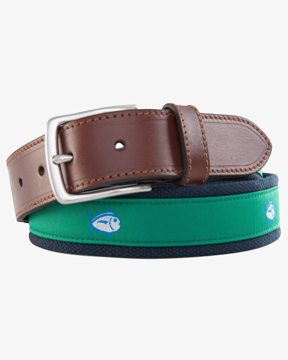 The detail of the Men's Green Skipjack Ribbon Belt by Southern Tide - Augusta Green
