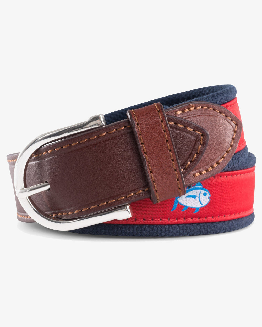 The detail of the Men's Red Skipjack Ribbon Belt by Southern Tide - Crab Red