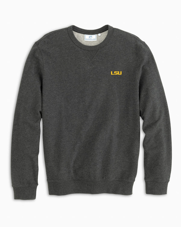 The front view of the LSU Tigers Upper Deck Pullover Sweatshirt by Southern Tide - Heather Black