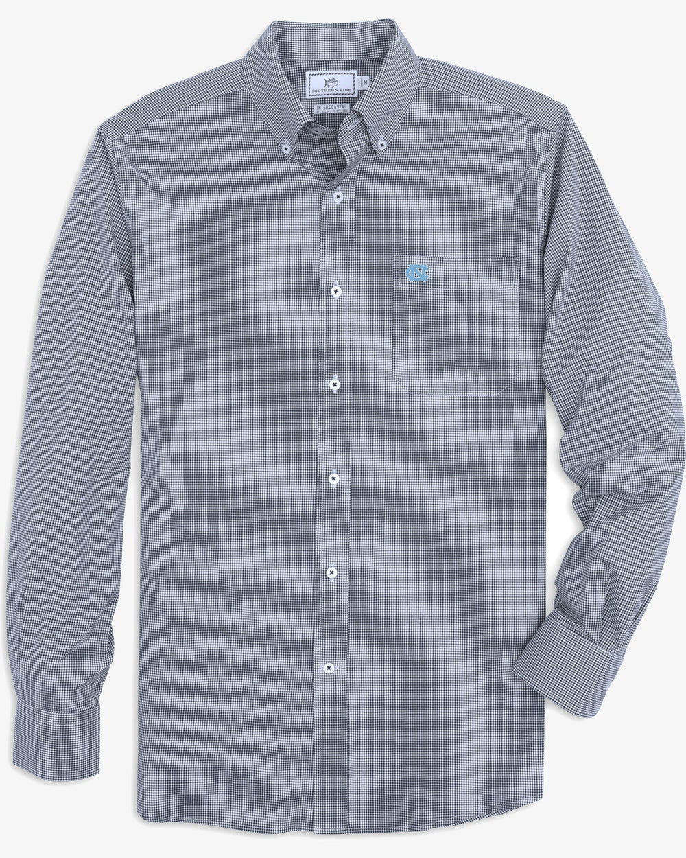 The front view of the Men's Light Blue UNC Tar Heels Gingham Button Down Shirt by Southern Tide - Navy