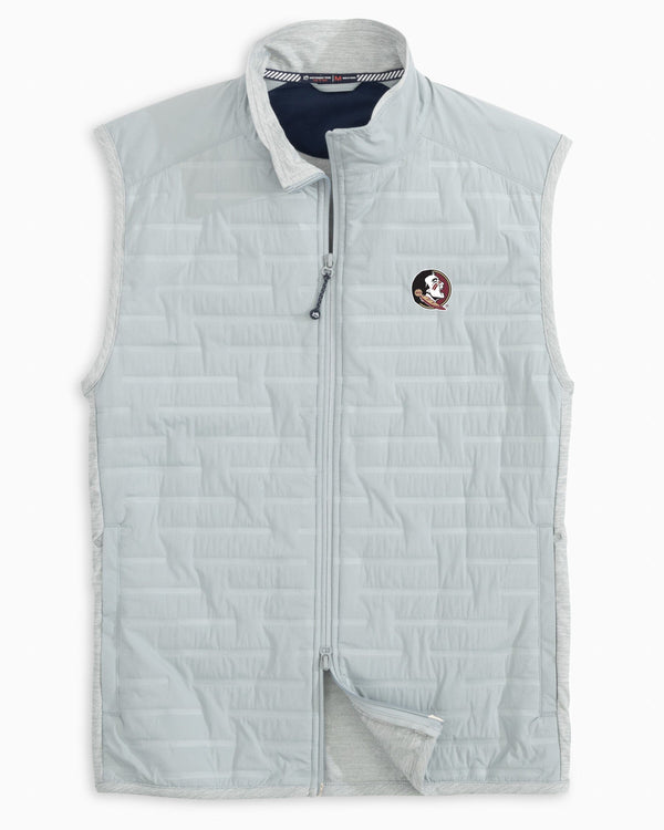 The front view of the Florida State Seminoles Abercorn Vest by Southern Tide - Gravel Grey