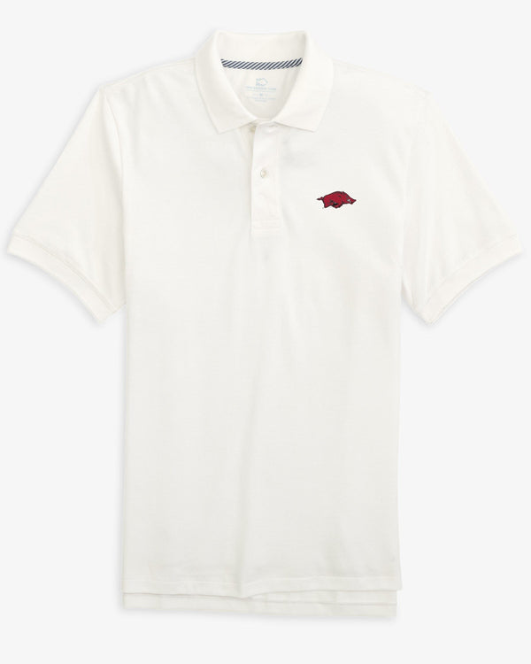 The front view of the Arkansas Razorbacks Skipjack Polo by Southern Tide - Classic White
