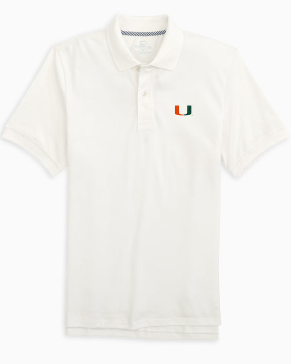 The front view of the Miami Hurricanes New Short Sleeve Skipjack Polo by Southern - Classic White