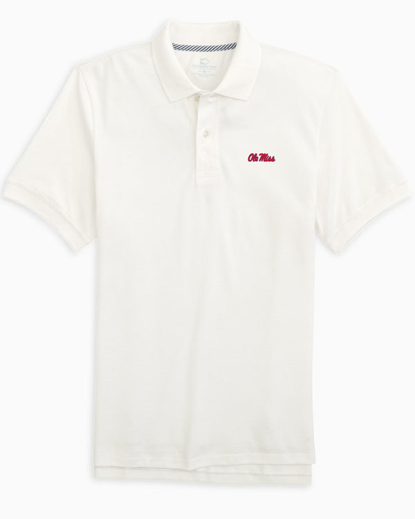 The front view of the Ole Miss New Short Sleeve Skipjack Polo by Southern Tide - Classic White