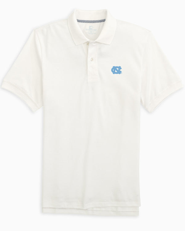 The front view of the UNC Tar Heels New Short Sleeve Skipjack Polo by Southern Tide - Classic White