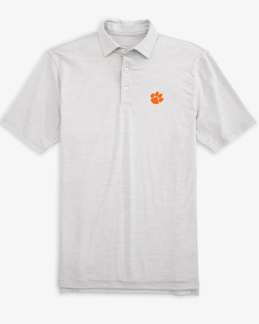 The front view of the Clemson Tigers Driver Spacedye Polo Shirt by Southern Tide - Slate Grey