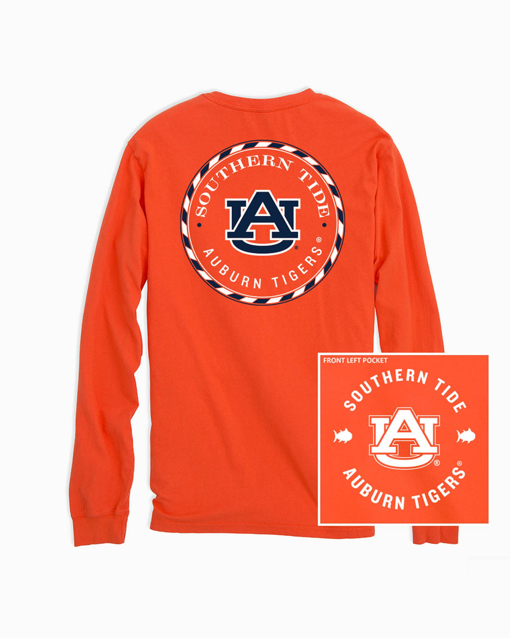 The front and back of the Auburn Tigers Long Sleeve Medallion Logo T-Shirt by Southern Tide - Endzone Orange