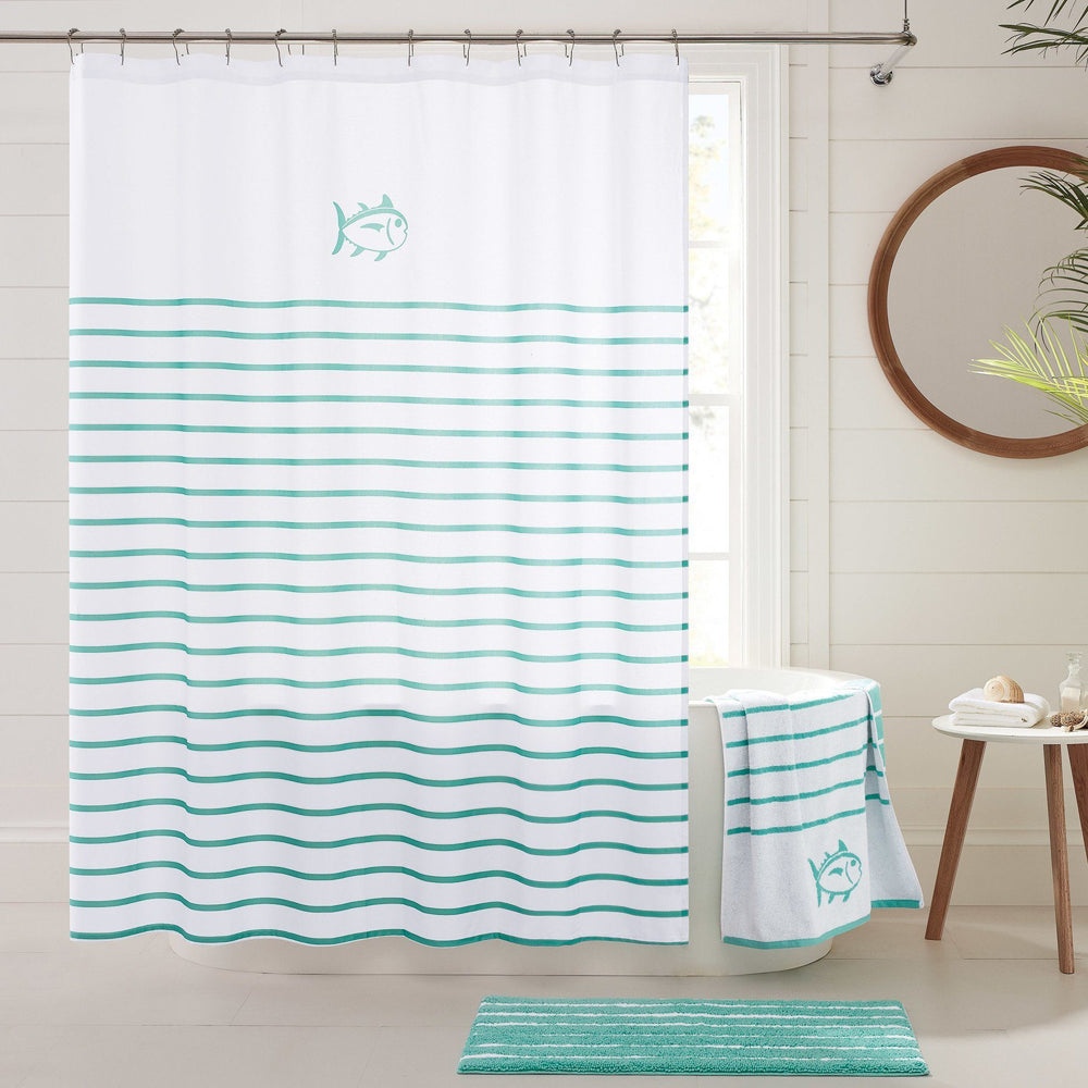 The lifestyle view of the Breton Shower Curtain by Southern Tide - White/Aqua