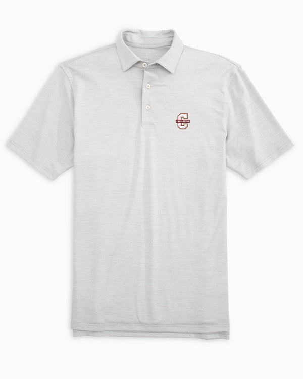 The front of the College of Charleston Driver Spacedye Polo Shirt by Southern Tide - Slate Grey