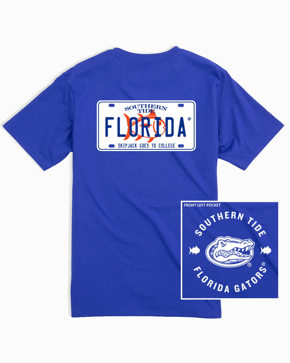 The front and back of the Florida Gators License Plate T-Shirt by Southern Tide - University Blue