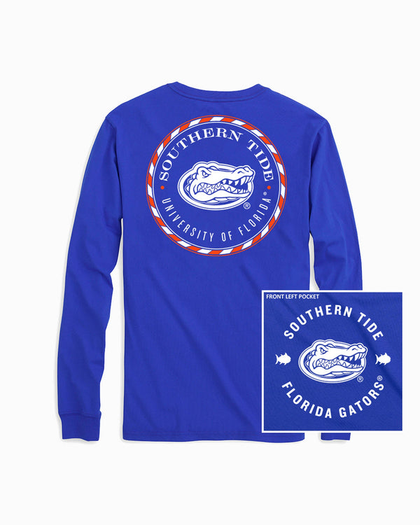 The front and back of the Florida Gators Long Sleeve Medallion Logo T-Shirt by Southern Tide - University Blue