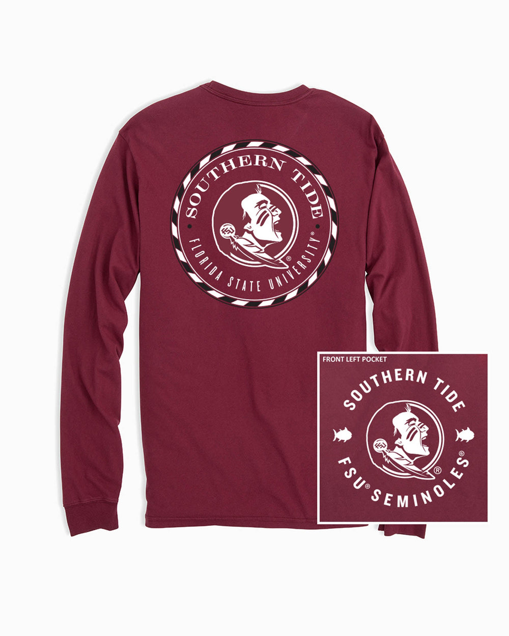 The front of the FSU Seminoles Long Sleeve Medallion Logo T-Shirt by Southern Tide - Chianti