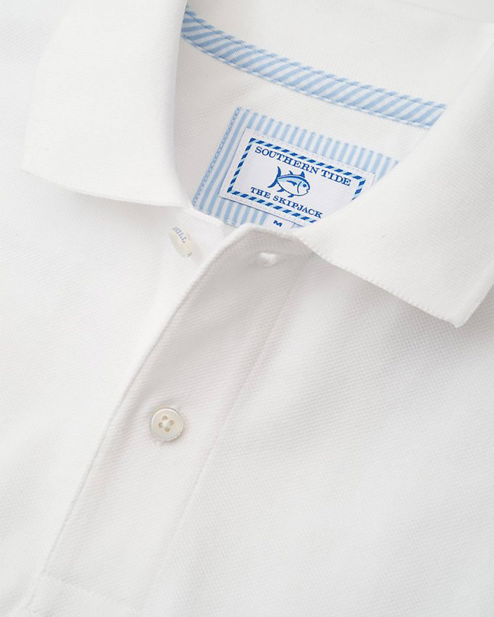 The detail of the Men's White Furman Pique Polo Shirt by Southern Tide - Classic White