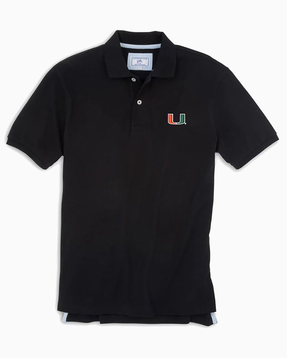 The front view of the Men's Black Miami Hurricanes Pique Polo Shirt by Southern Tide - Black