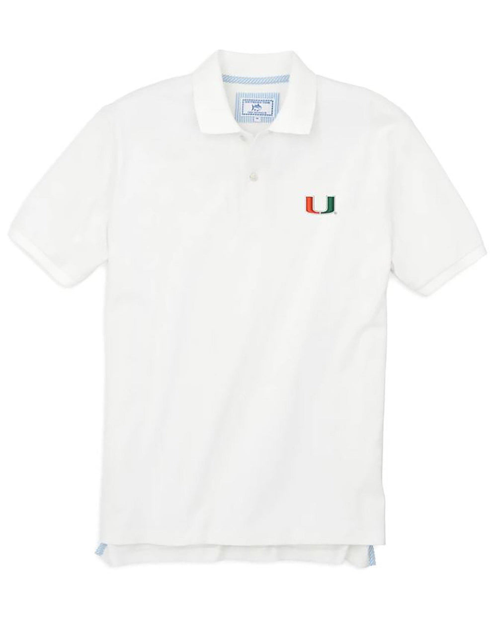 The front view of the Men's White Miami Hurricanes Pique Polo Shirt by Southern Tide - Classic White