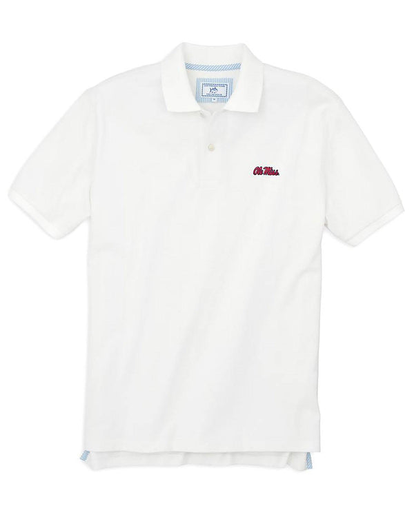 The front view of the Men's White Ole Miss Pique Polo Shirt by Southern Tide - Classic White