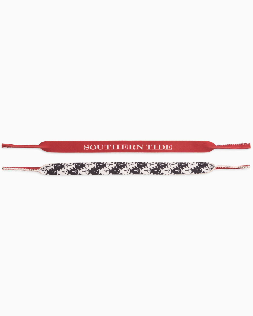 The front view of the Gameday Skipjack Sunglass Straps by Southern Tide - Crimson and White