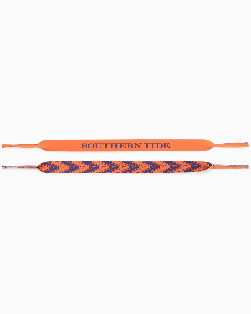 The front view of the Gameday Skipjack Sunglass Straps by Southern Tide - Endzone Orange and Regal Purple