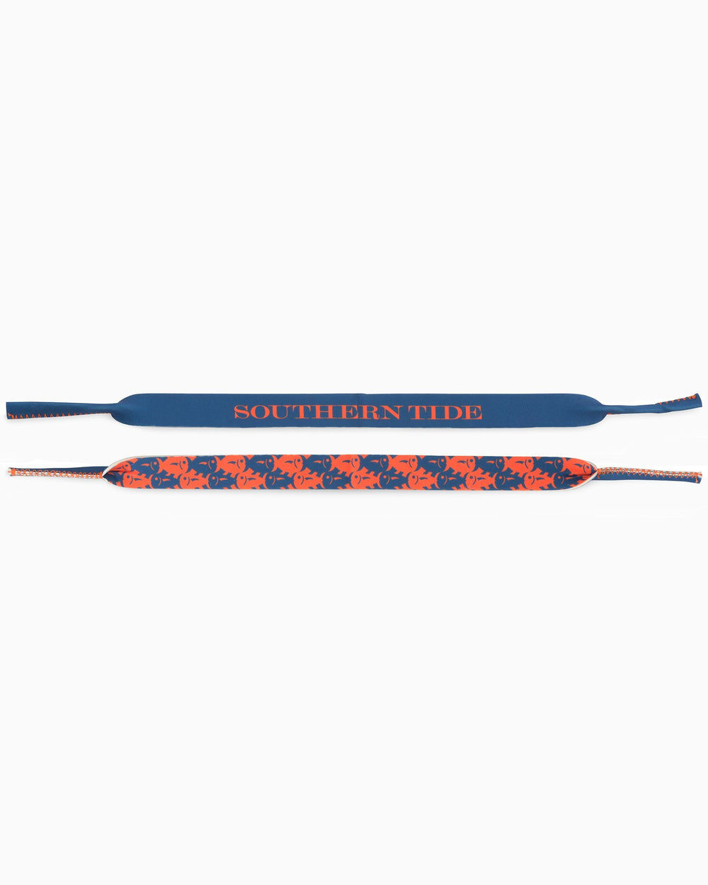 The front view of the Gameday Skipjack Sunglass Straps by Southern Tide - University Blue and Endzone Orange