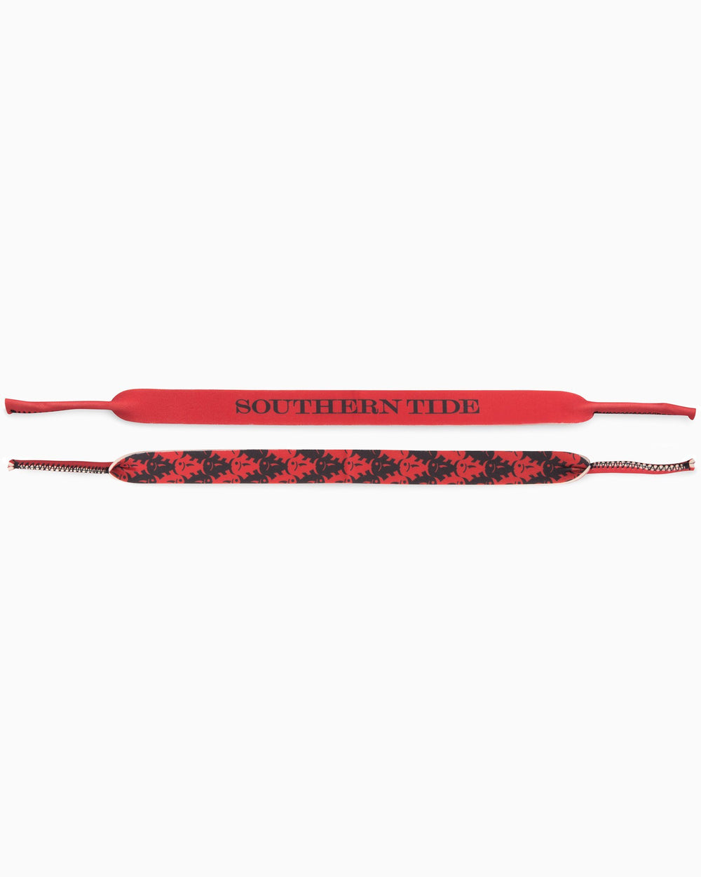 The front view of the Gameday Skipjack Sunglass Straps by Southern Tide - Varsity Red and Black