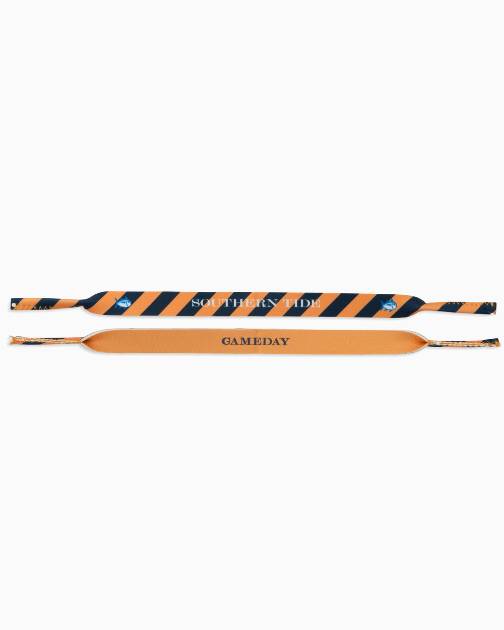The front view of the Gameday Sunglass Straps by Southern Tide - Navy and Orange