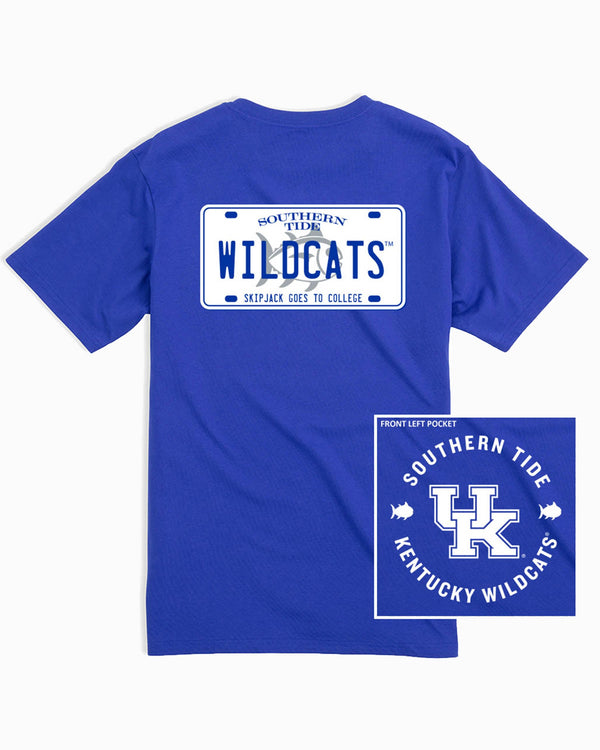 The front and back of the Kentucky Wildcats License Plate T-Shirt by Southern Tide - University Blue