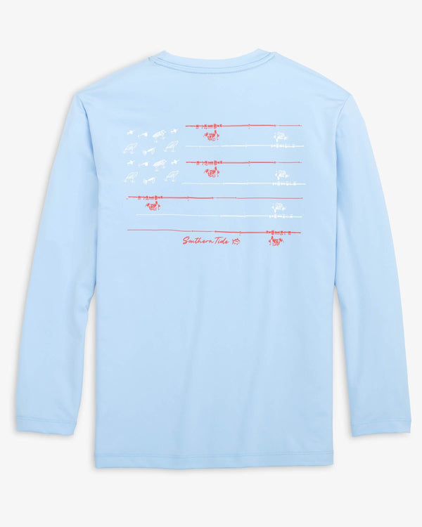 The back view of the Southern Tide Kid's Red, White, and Lure Long Sleeve Performance T-shirt by Southern Tide - Clearwater Blue