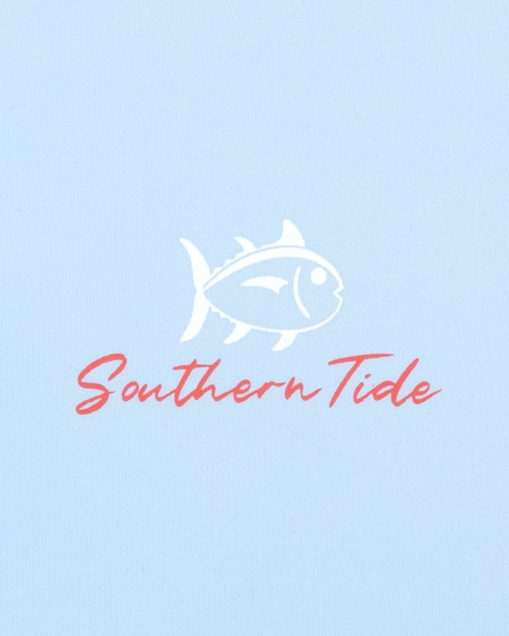 The detail view of the Southern Tide Kid's Red, White, and Lure Long Sleeve Performance T-shirt by Southern Tide - Clearwater Blue