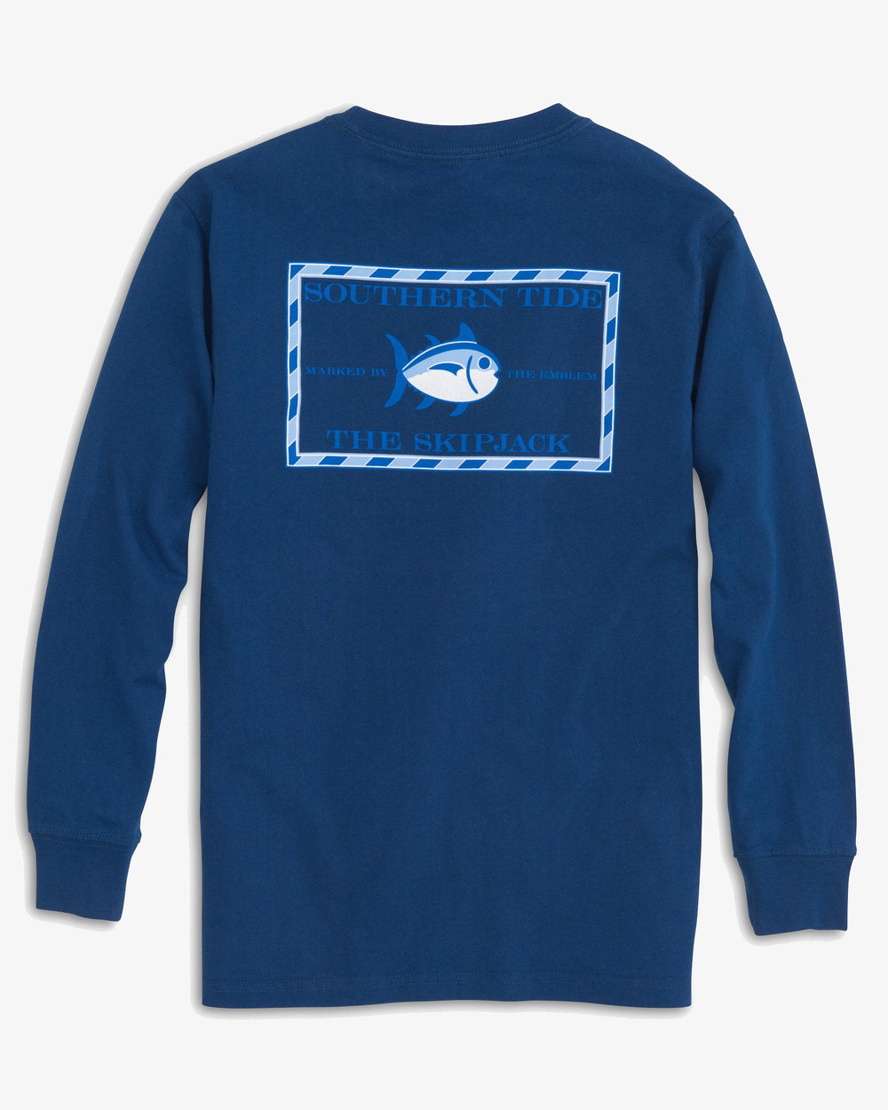 The back view of the Southern Tide Kids Long Sleeve Original Skipjack T-Shirt by Southern Tide - Yacht Blue