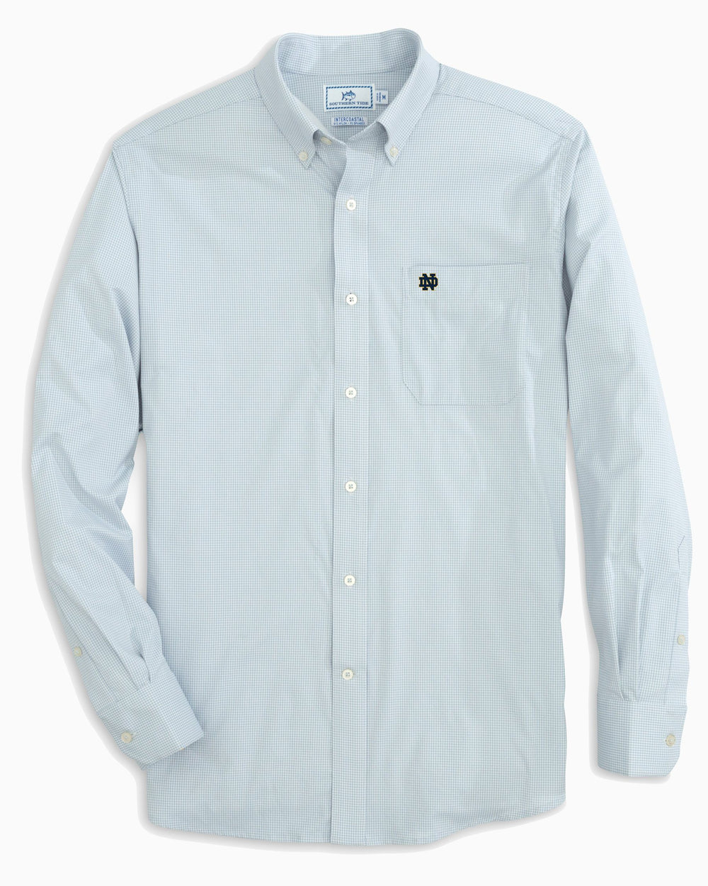 The front view of the Men's Grey Notre Dame Fighting Irish Gingham Button Down Shirt by Southern Tide - Slate Grey