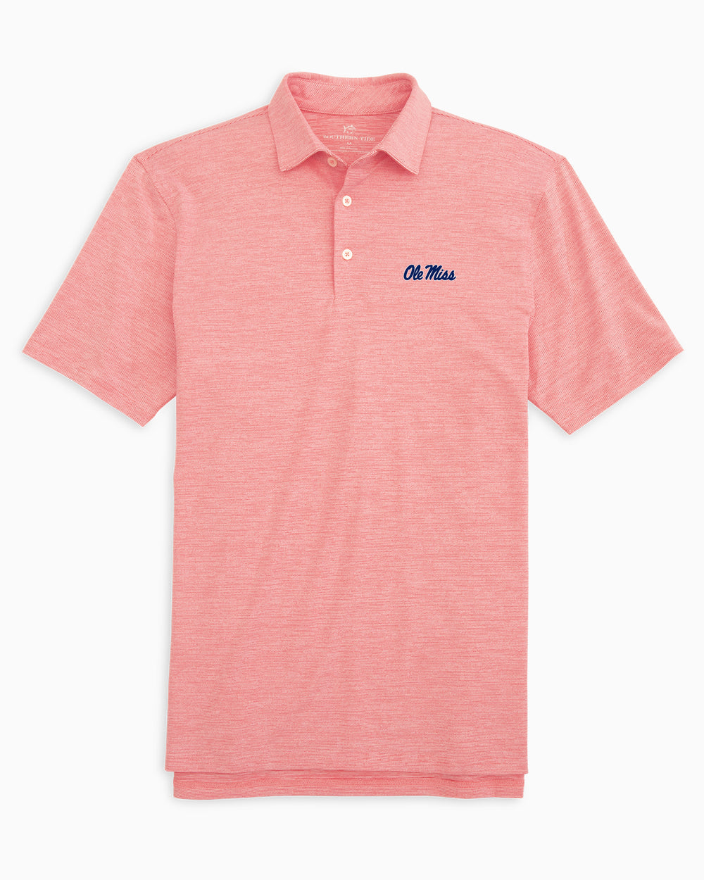 The front of the Ole Miss Driver Spacedye Polo Shirt by Southern Tide - Varsity Red