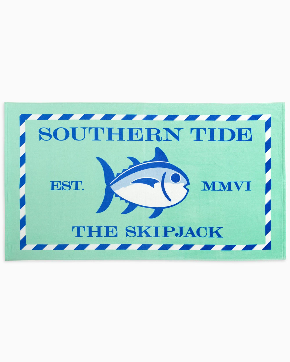 The front view of the Skipjack Beach Towel by Southern Tide - Offshore Green