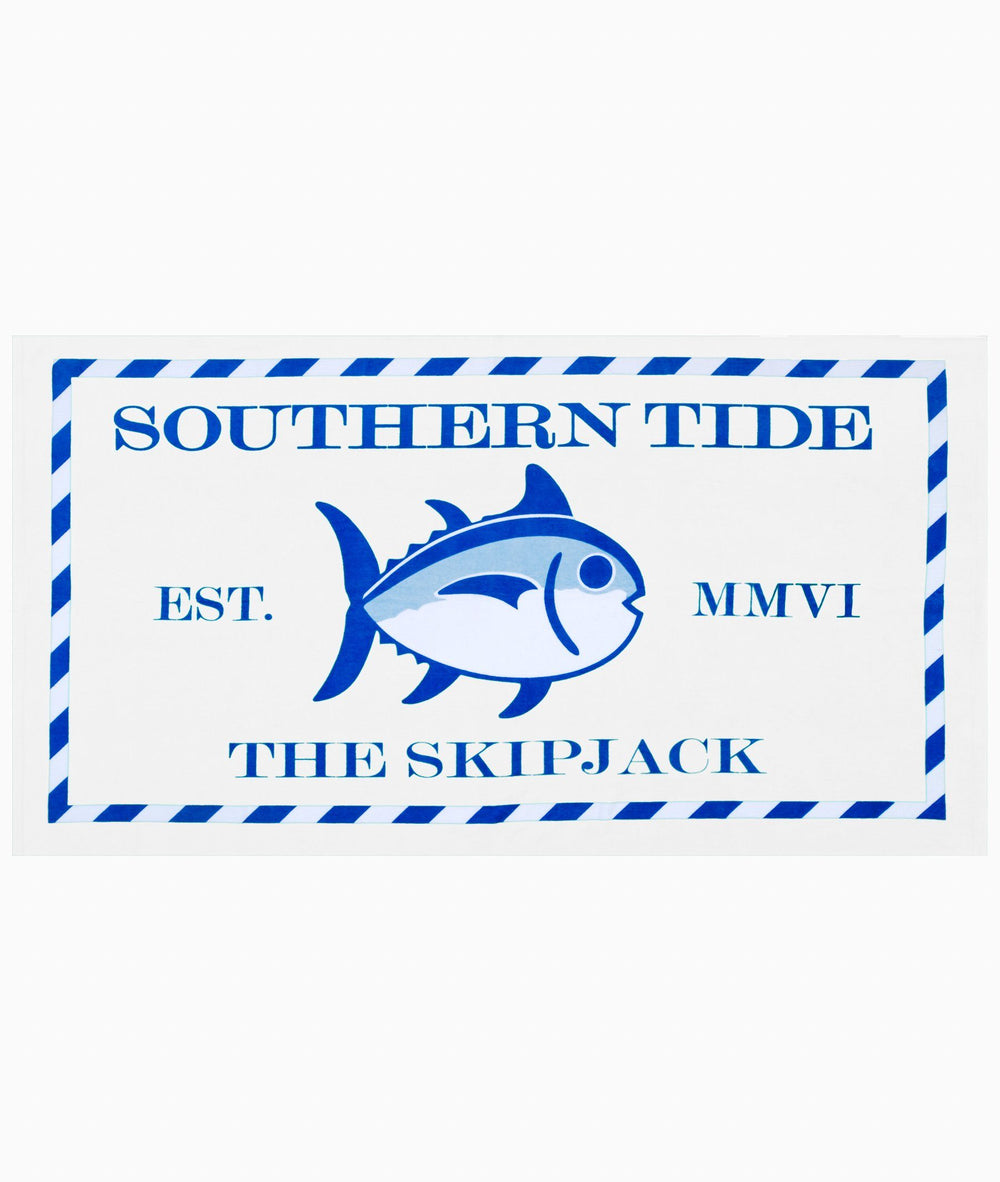 The front view of the Skipjack Beach Towel by Southern Tide - White