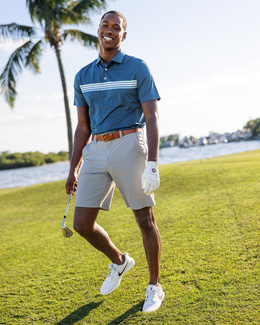 The front of the Men's T3 Gulf 9 Inch Performance Short by Southern Tide - Seagull Grey