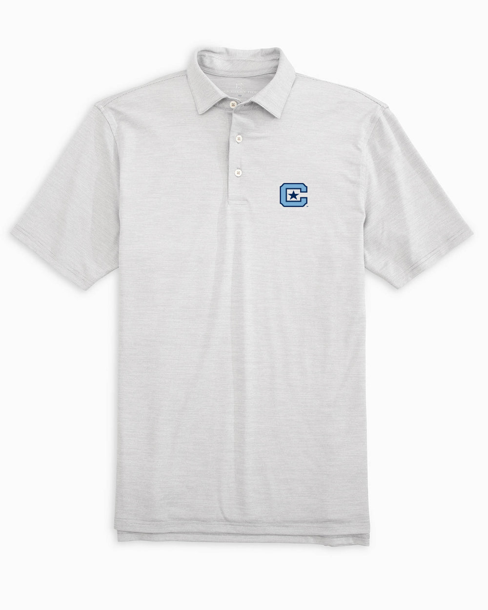 The front of the Citadel Bulldogs Driver Spacedye Performance Polo Shirt by Southern Tide - Slate Grey
