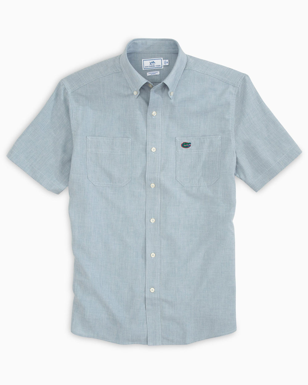 The front of the Florida Gators Short Sleeve Button Down Dock Shirt by Southern Tide - Seagull Grey