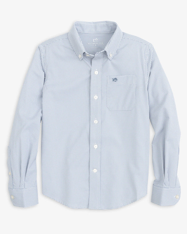 The front view of the Southern Tide Youth Rosemont Tattersall Intercoastal Sport Shirt by Southern Tide - Seven Seas Blue