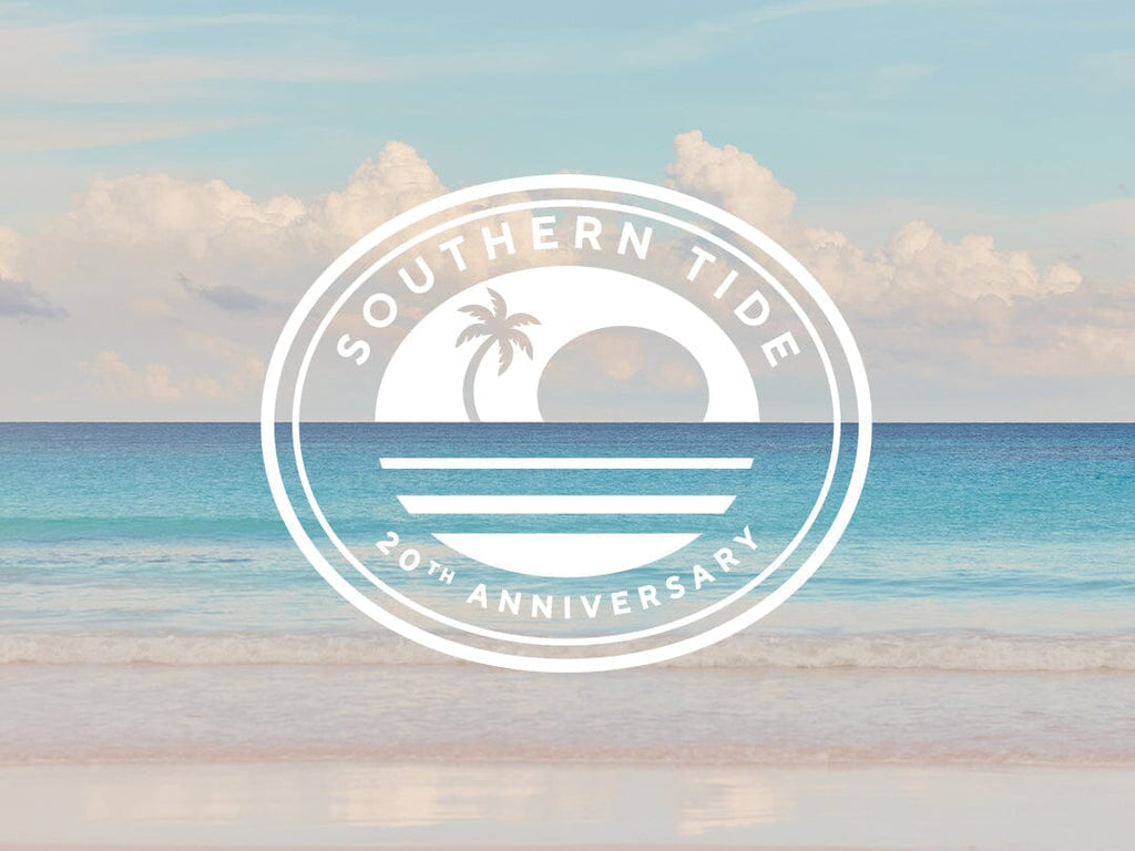 Southern Tide logo over the ocean landscape image for 20 years celebration.