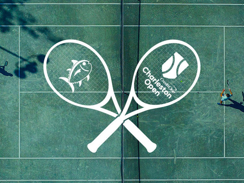 Ariel photo of tennis court and Charleston Open Logo.