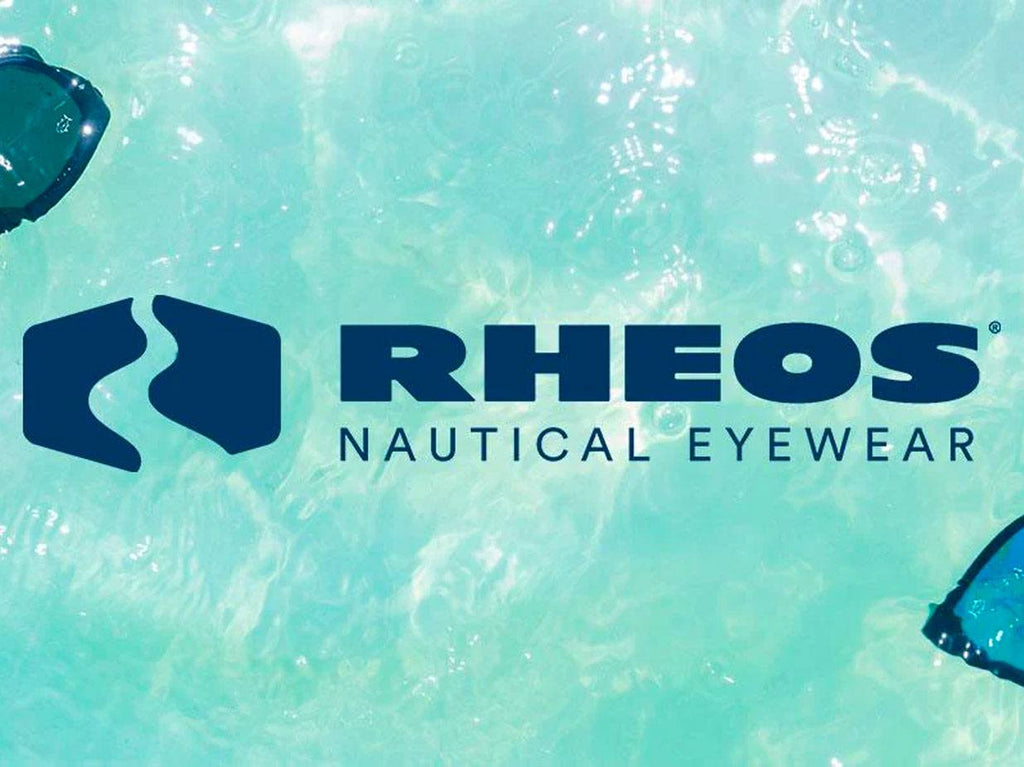 Sunglasses floating in water around Rheos logo.