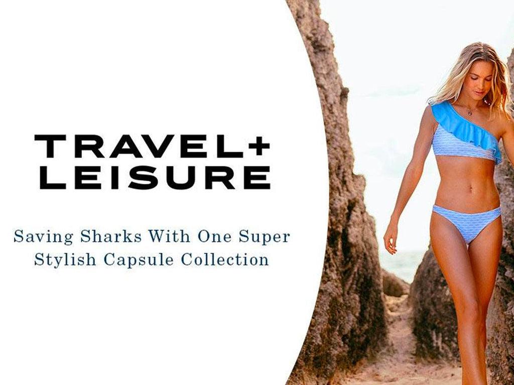Travel + Leisure logo and girl on the beach wearing one shoulder blue bikini.