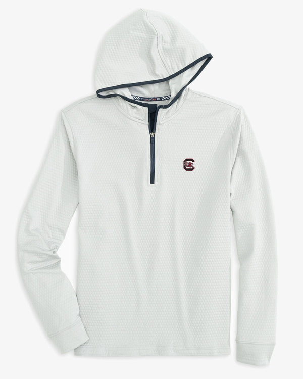 The front view of the South Carolina Gamecocks Scuttle Heather Performance Quarter Zip Hoodie by Southern Tide - Heather Slate Grey