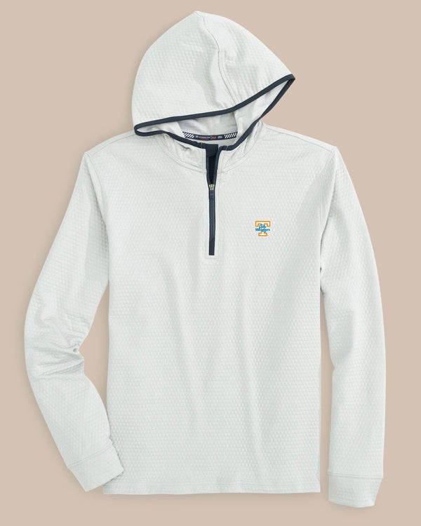 The front view of the Tennessee Vols Scuttle Heather Performance Quarter Zip Hoodie by Southern Tide - Heather Slate Grey