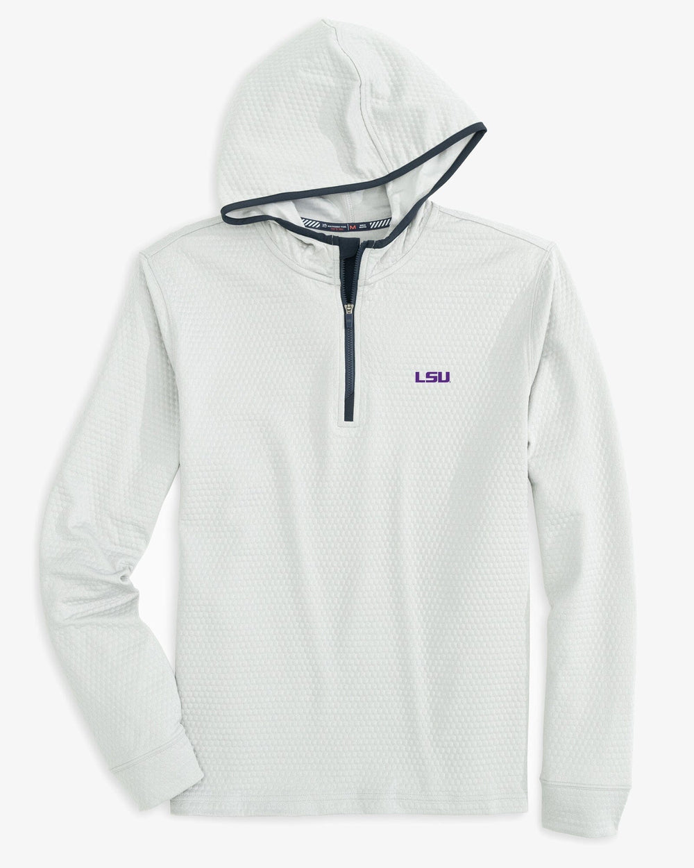 The front view of the LSU Tigers Scuttle Heather Performance Quarter Zip Hoodie by Southern Tide - Heather Slate Grey